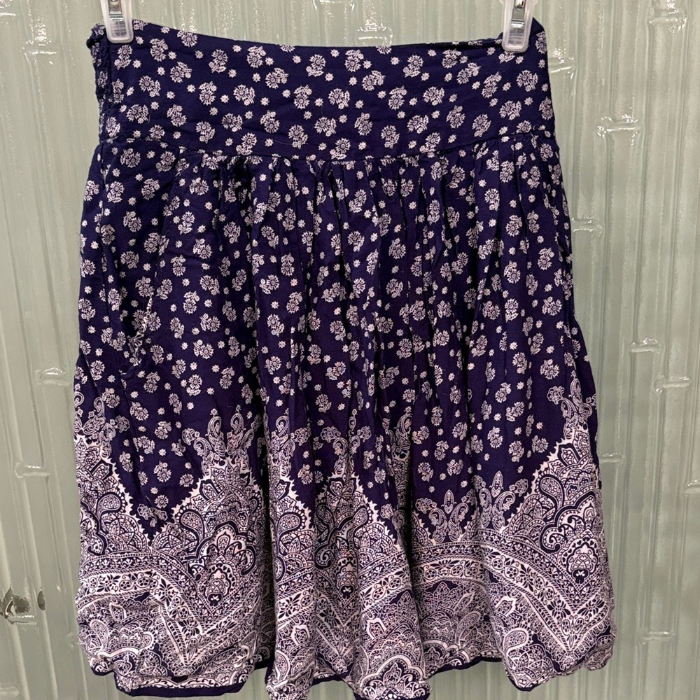 Japna  Blue Floral Border Skater Skirt